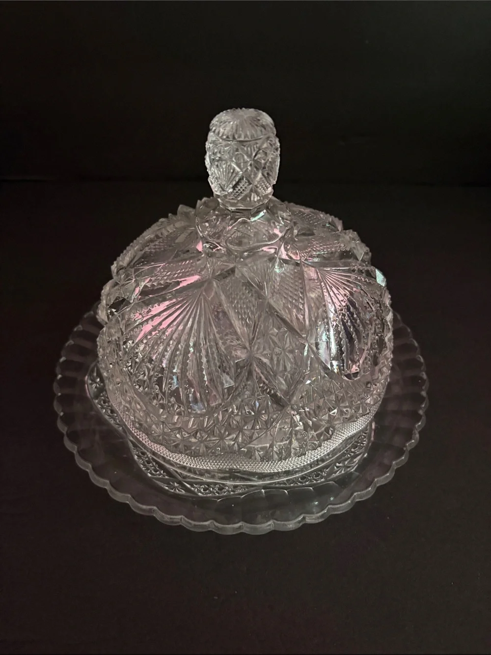 Antique Early American Pressed Glass Hobstar Domed Butter / Cheese Dish